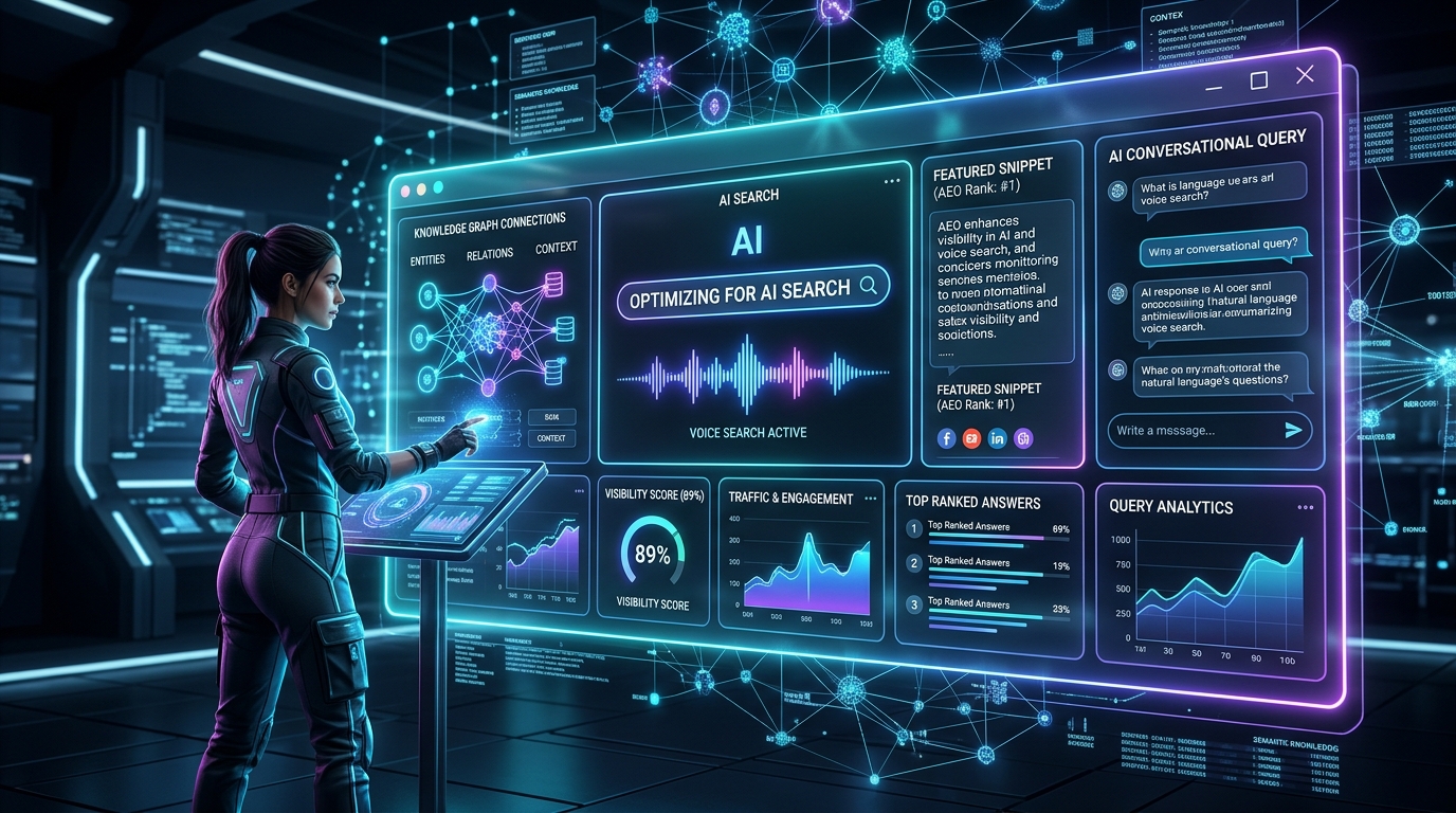 Answer Engine Optimization strategy dashboard showing voice search metrics and featured snippets